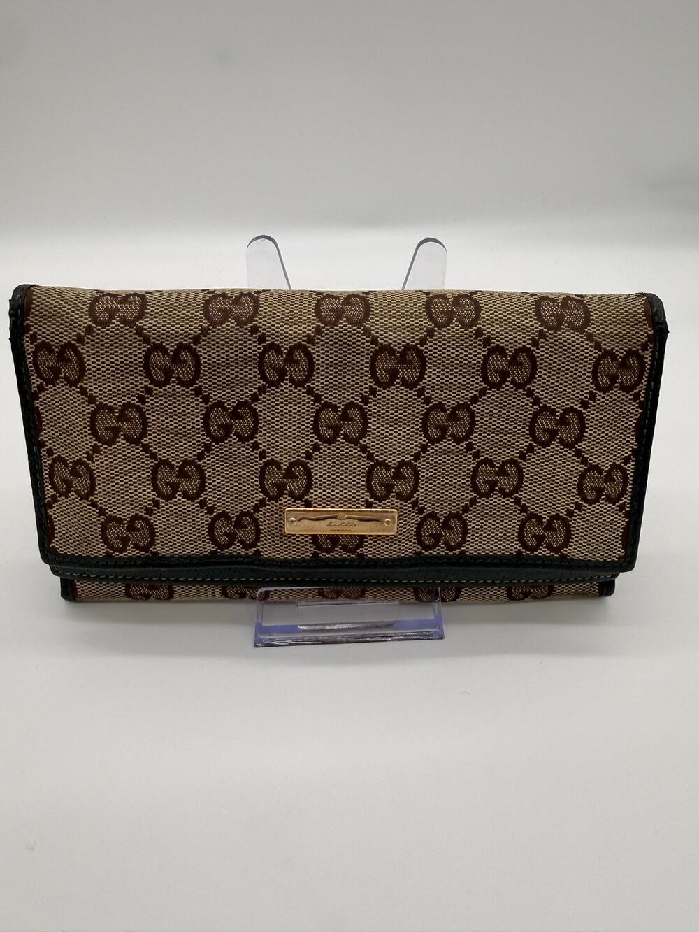 Vintage Gucci GG Canvas W Flap Continental Wallet Forest Green Leather Metal Bar - Picture 1 of 14